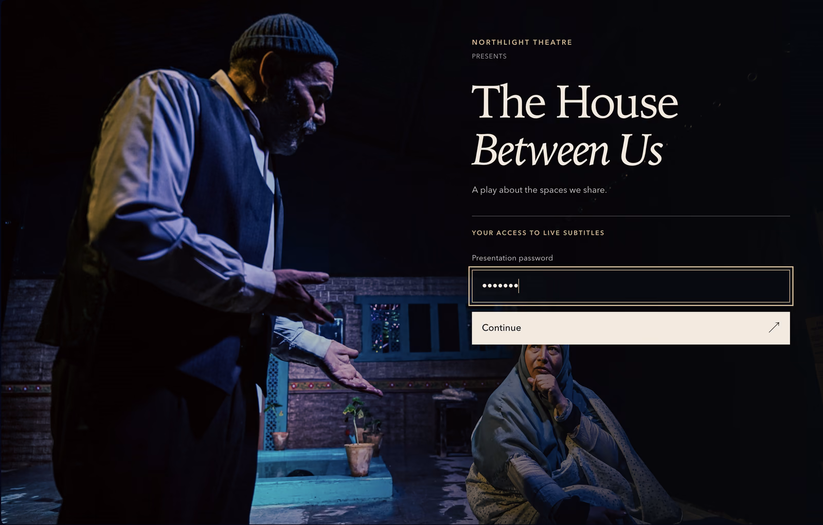 A custom Presenter login page using the production’s theatre photograph, with a presentation password field and Continue button.